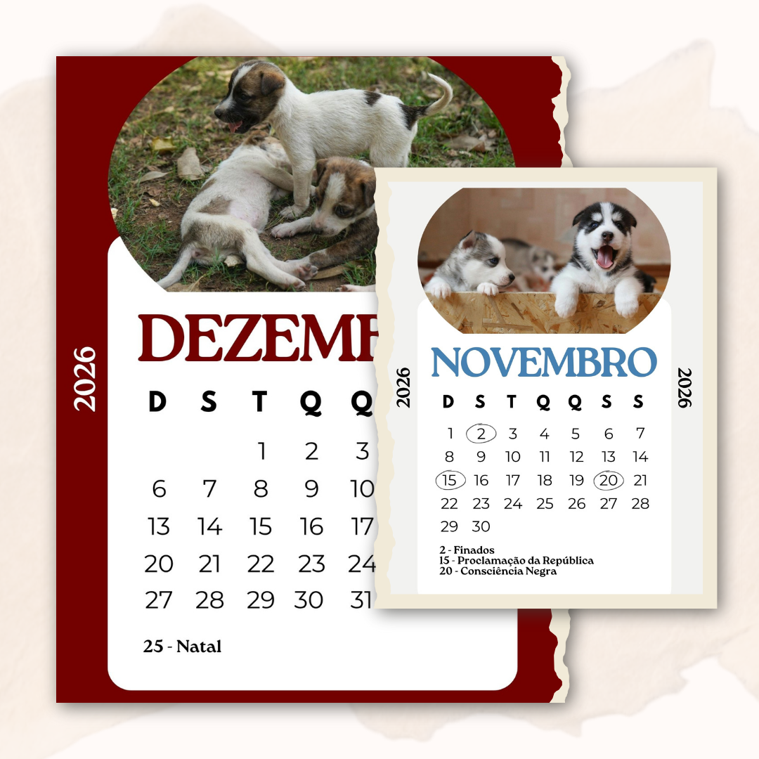 Calendário Cachorrinhos 2026 (Arquivo Digital em PDF)